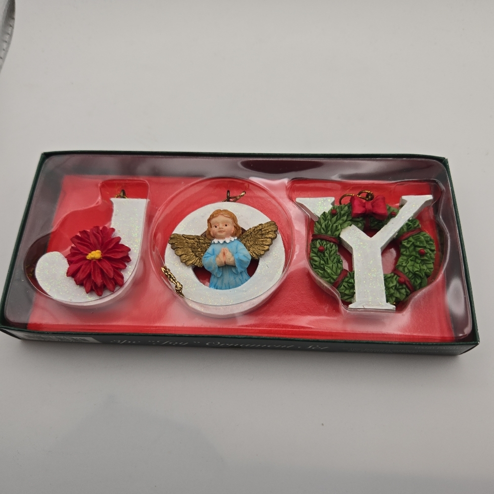 Christmas JOY Ornament Set | Angel Wreath Holiday Tree Ornaments | 3pc Boxed Set